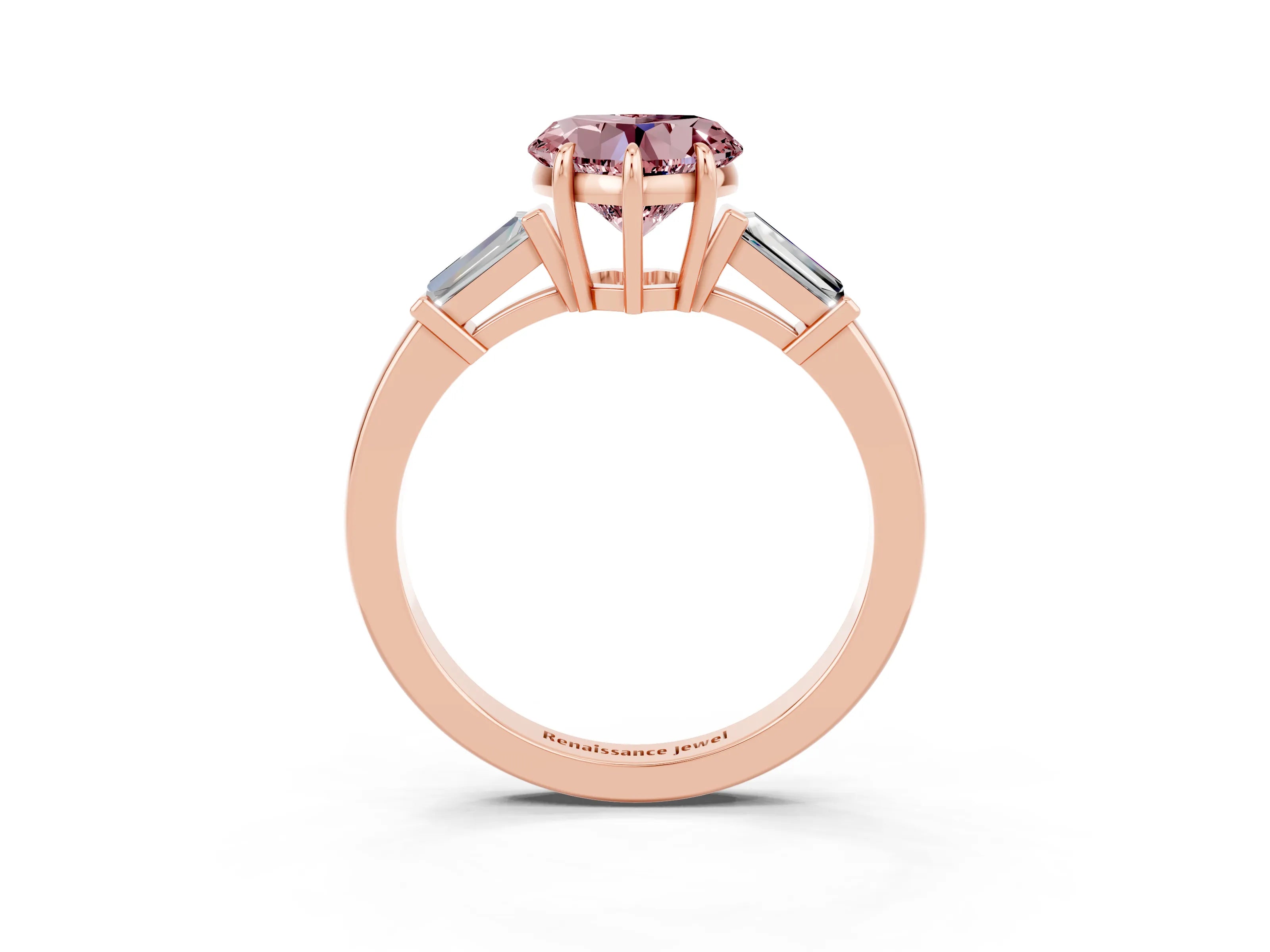 Rose gold Heart Cut Cut Diamond Ring with Tapered Baguette Side Stones in Four-Prong Setting_3