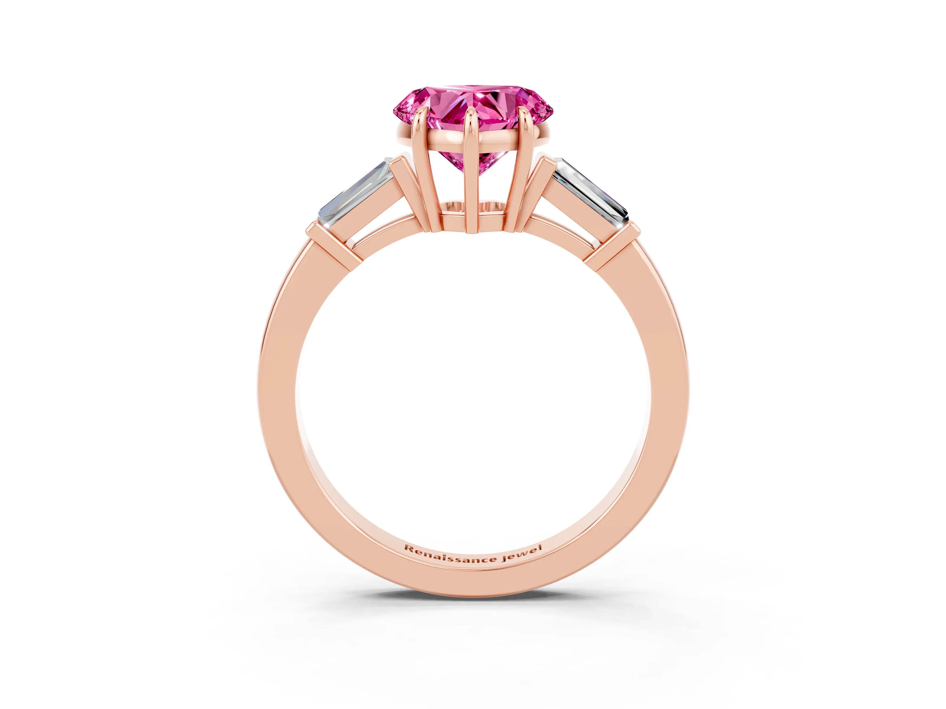 Rose gold Heart Cut Cut Diamond Ring with Tapered Baguette Side Stones in Four-Prong Setting_3