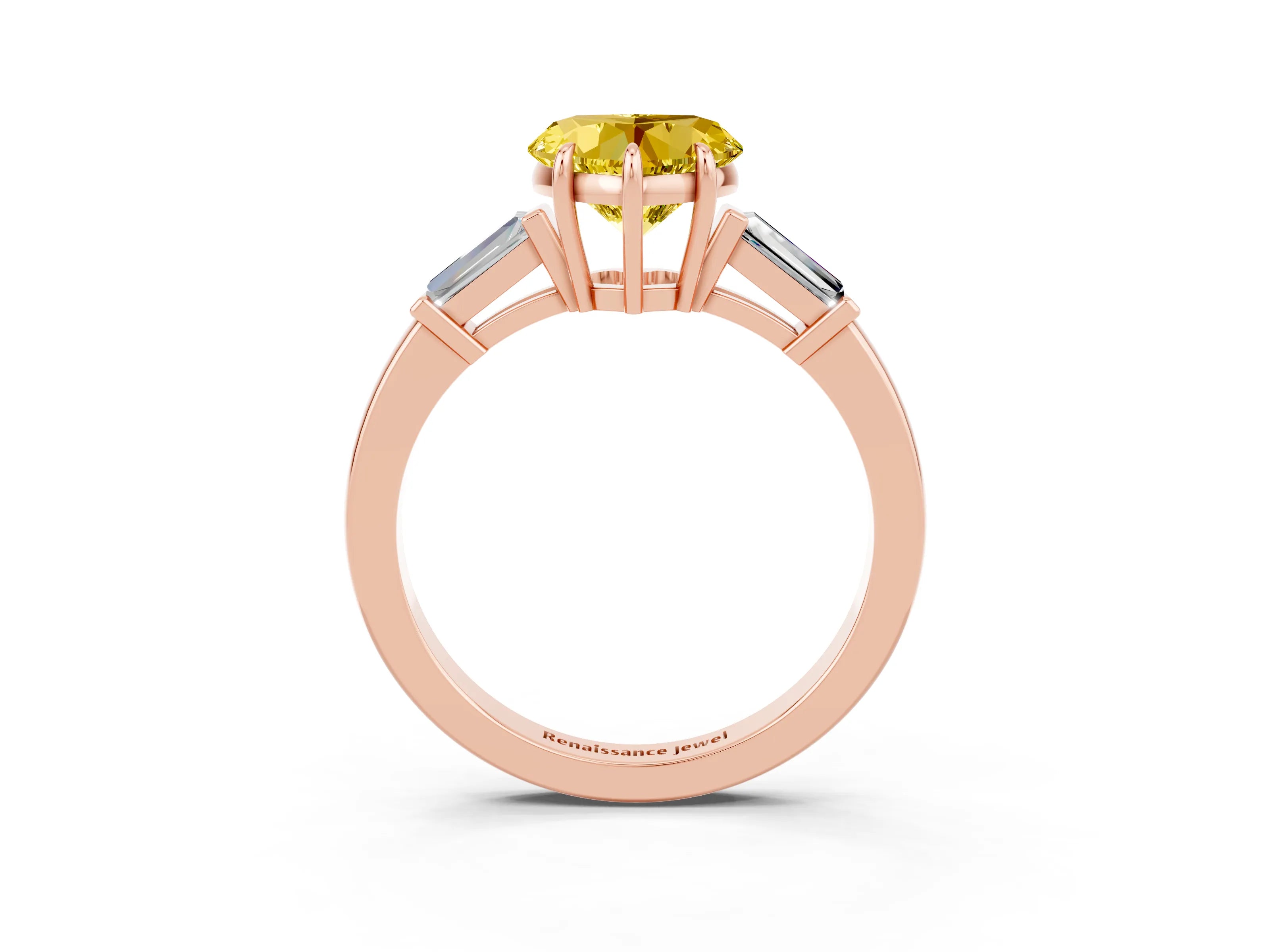 Rose gold Heart Cut Cut Diamond Ring with Tapered Baguette Side Stones in Four-Prong Setting_3