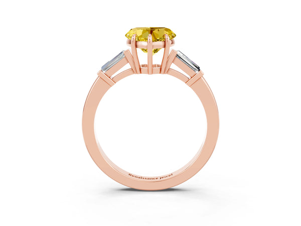 Rose gold Heart Cut Yellow Sapphire Three-Stone Ring with Tapered Baguette Side Stones and Prong Setting