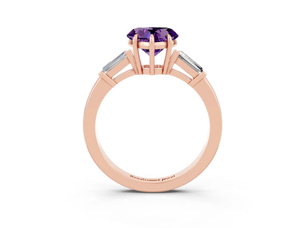 Rose gold Heart Cut Amethyst Three-Stone Ring with Tapered Baguette Side Stones and Prong Setting