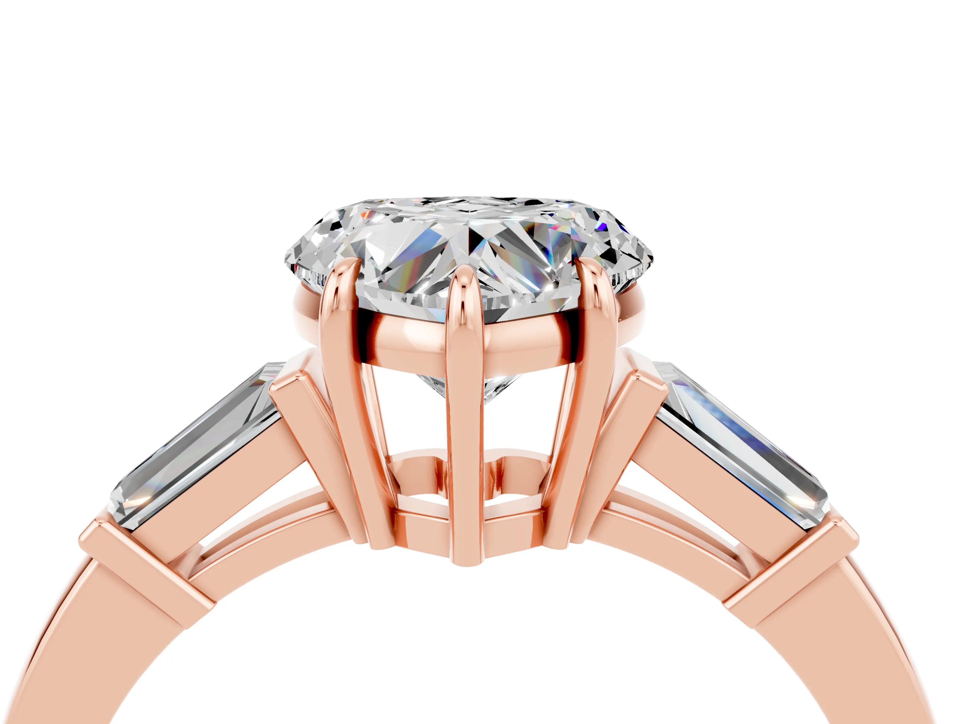 Rose gold Heart Cut Cut Diamond Ring with Tapered Baguette Side Stones in Four-Prong Setting_4