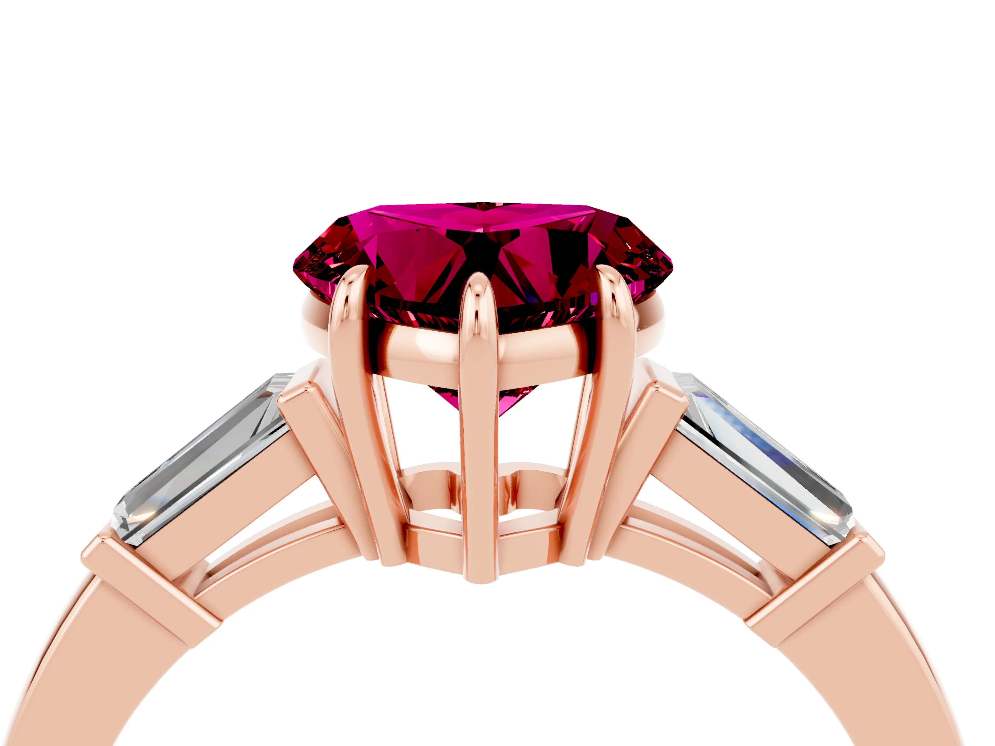 Rose gold Heart Cut Cut Diamond Ring with Tapered Baguette Side Stones in Four-Prong Setting_4