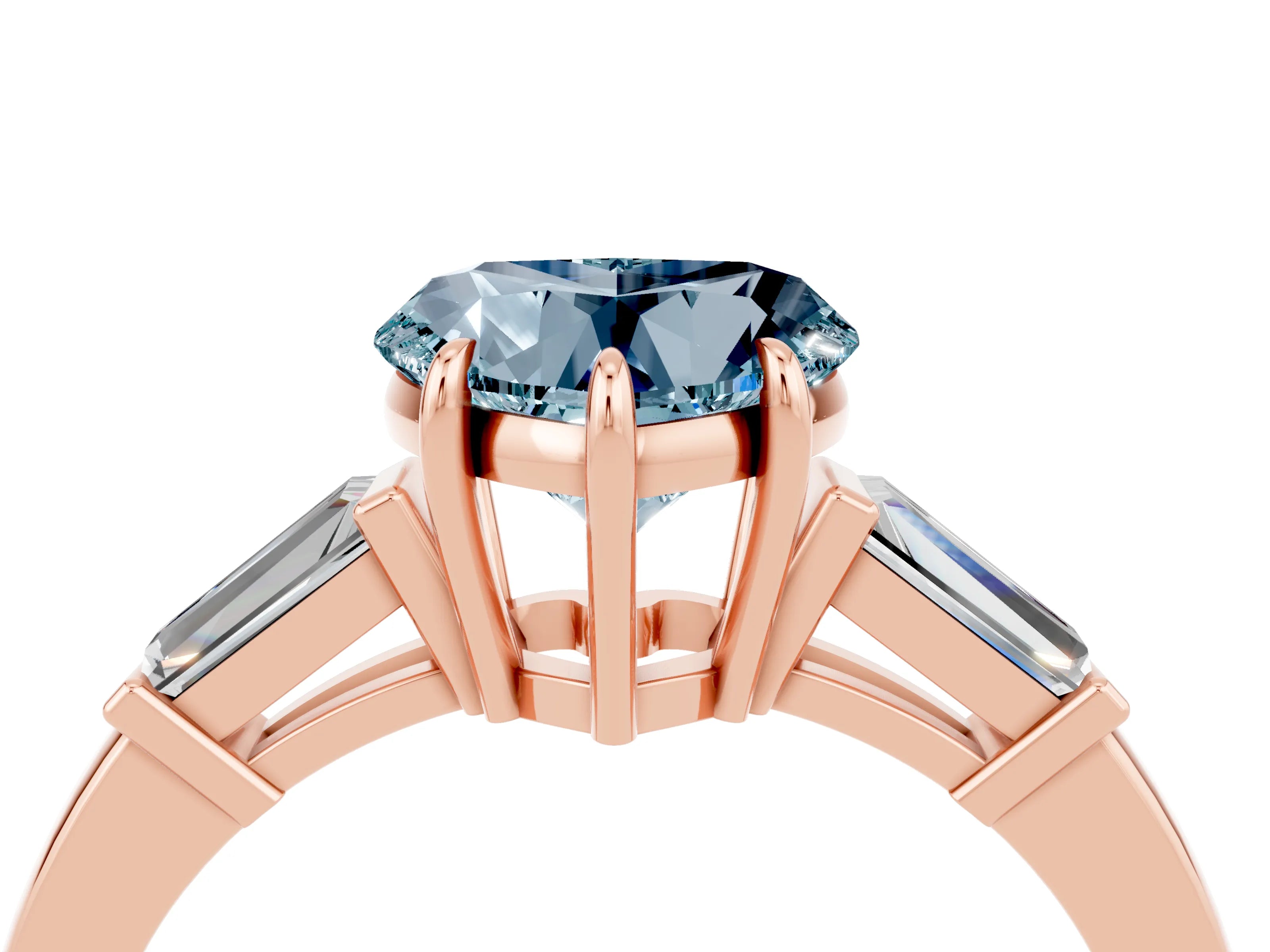 Rose gold Heart Cut Cut Diamond Ring with Tapered Baguette Side Stones in Four-Prong Setting_4