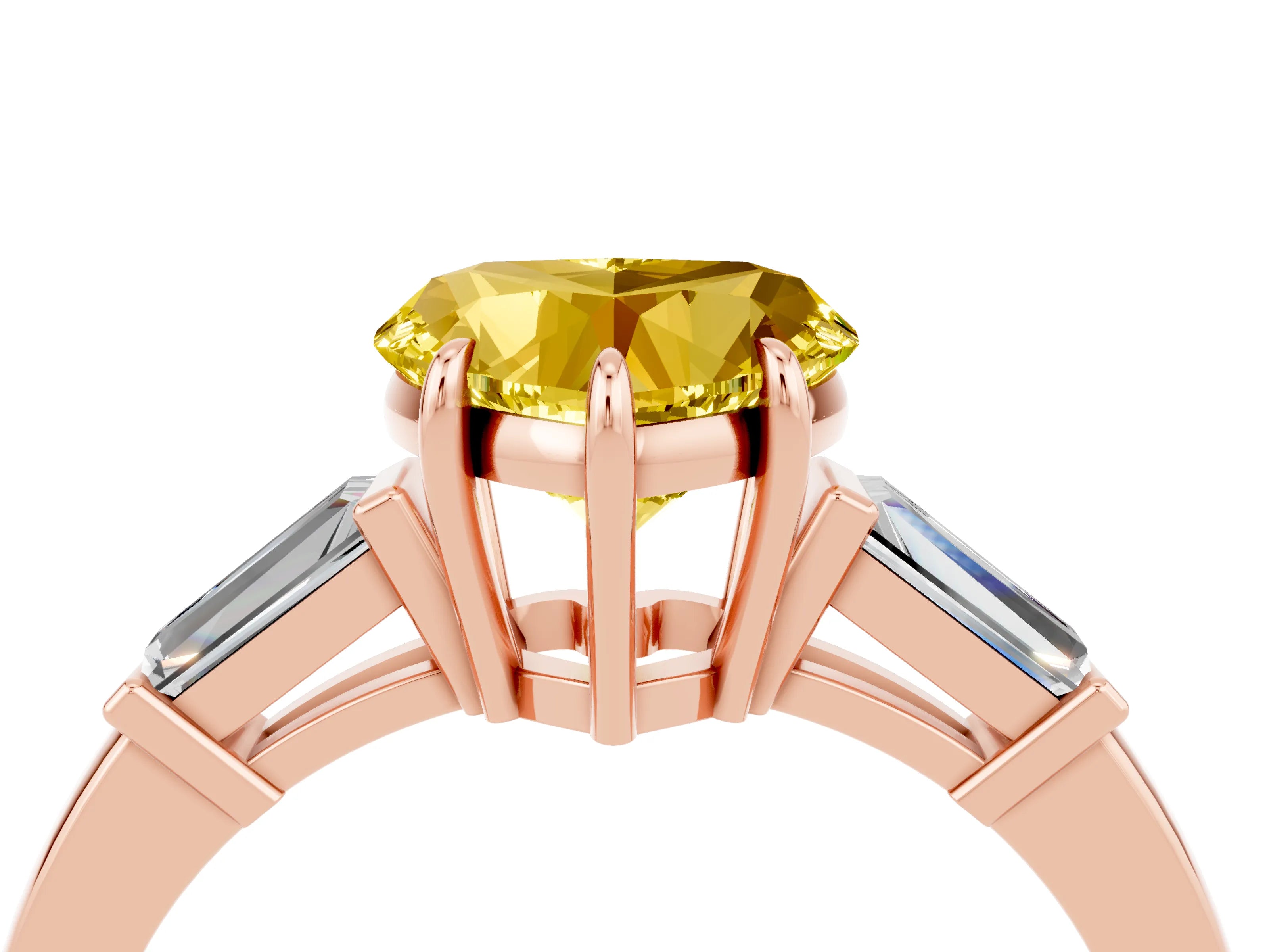 Rose gold Heart Cut Cut Diamond Ring with Tapered Baguette Side Stones in Four-Prong Setting_4