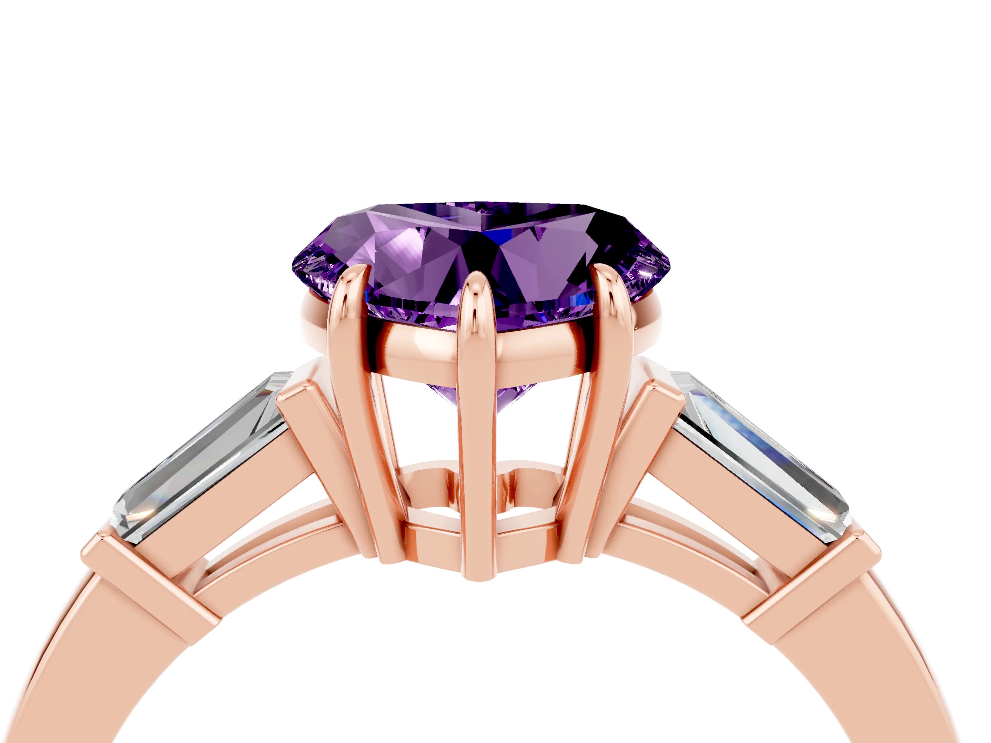 Rose gold Heart Cut Cut Diamond Ring with Tapered Baguette Side Stones in Four-Prong Setting_4