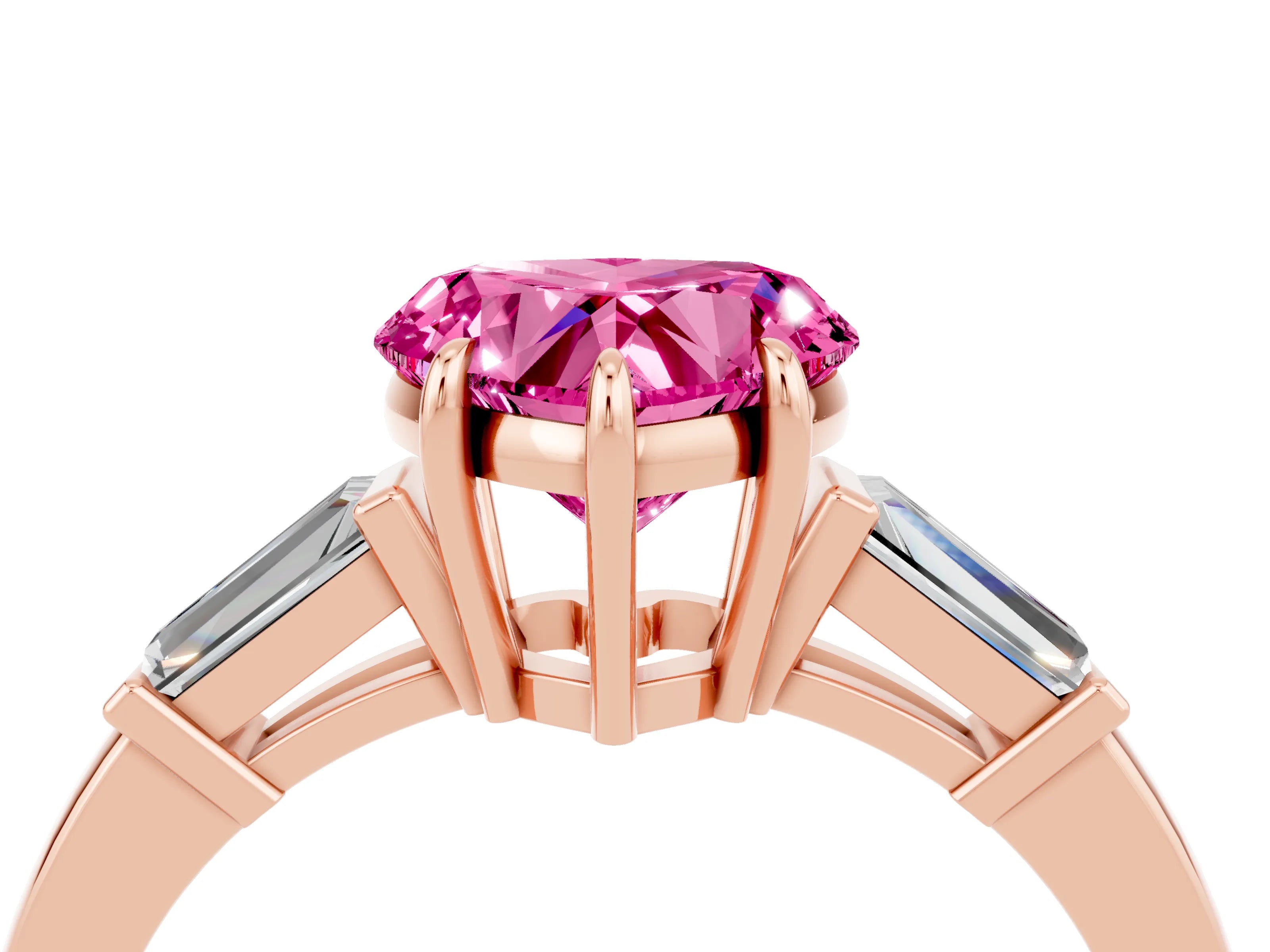 Rose gold Heart Cut Cut Diamond Ring with Tapered Baguette Side Stones in Four-Prong Setting_4