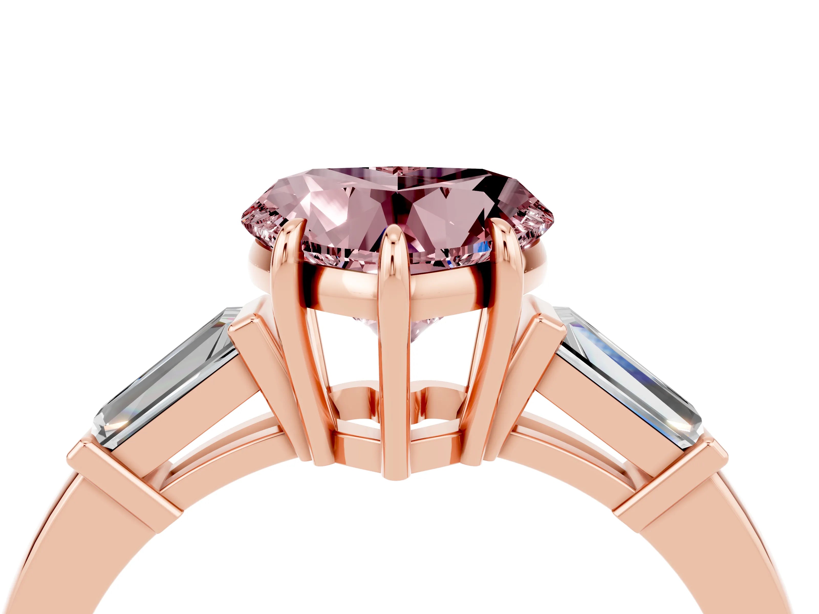 Rose gold Heart Cut Cut Diamond Ring with Tapered Baguette Side Stones in Four-Prong Setting_4