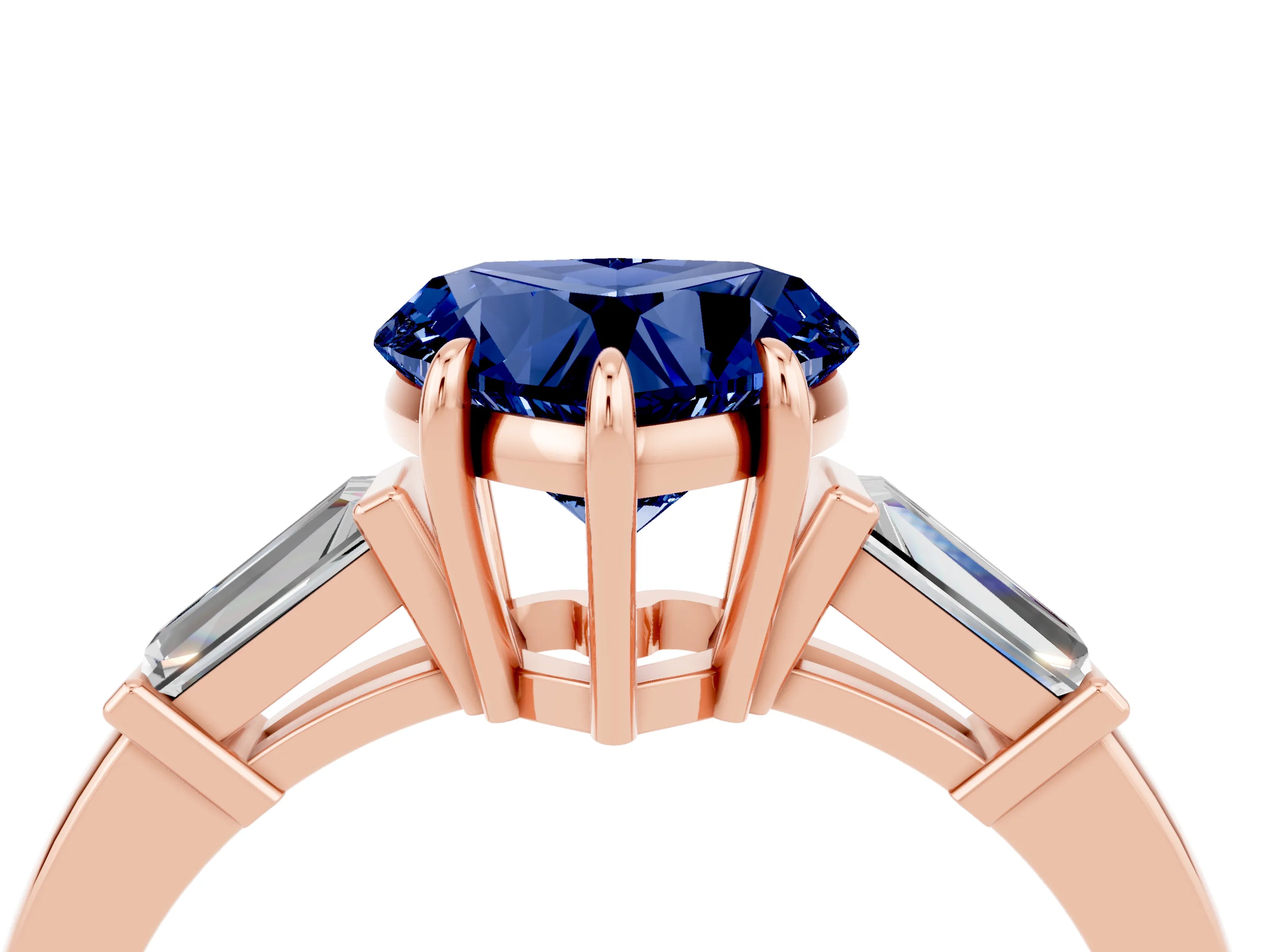 Rose gold Heart Cut Cut Diamond Ring with Tapered Baguette Side Stones in Four-Prong Setting_4