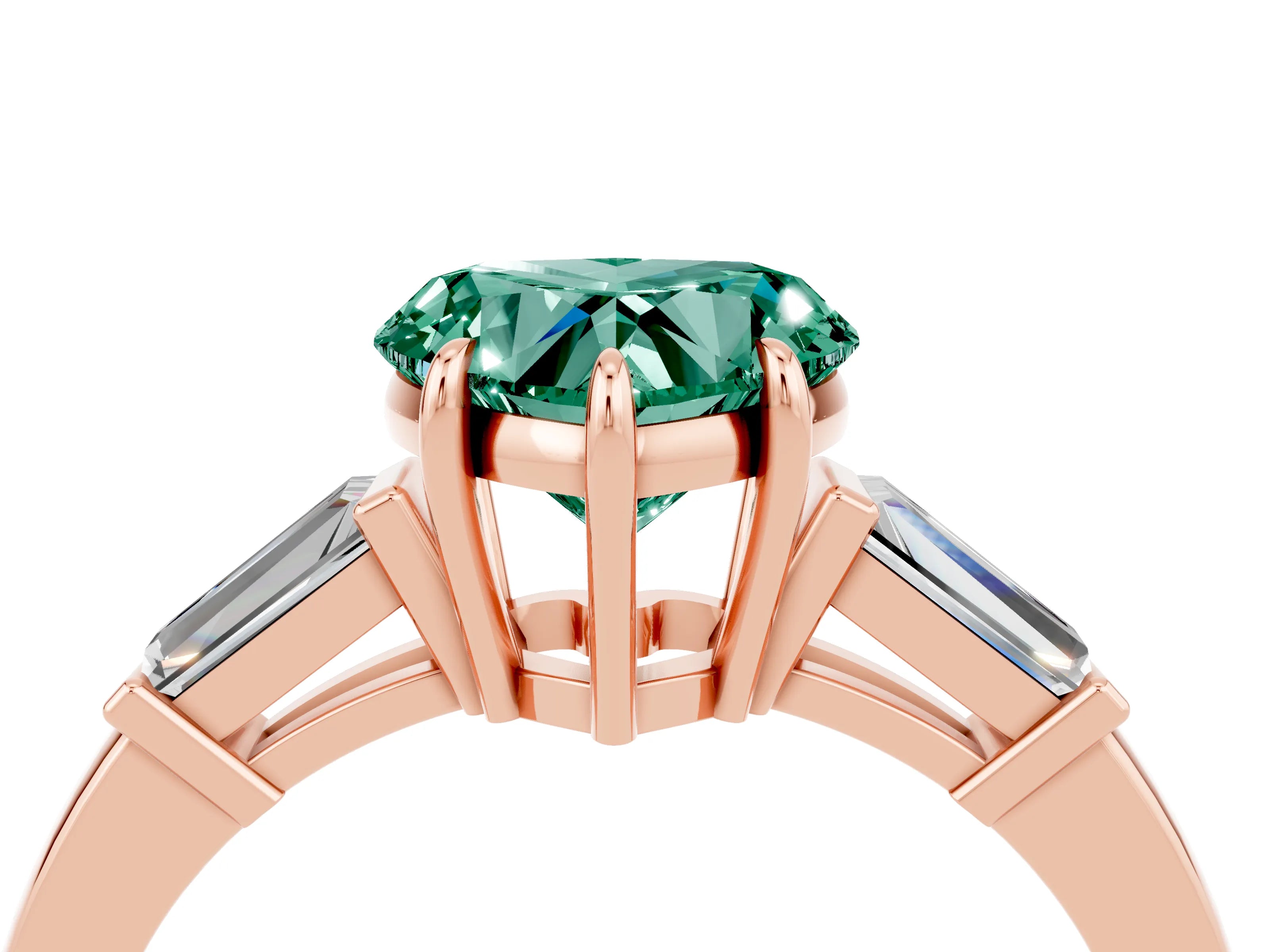 Rose gold Heart Cut Cut Diamond Ring with Tapered Baguette Side Stones in Four-Prong Setting_4
