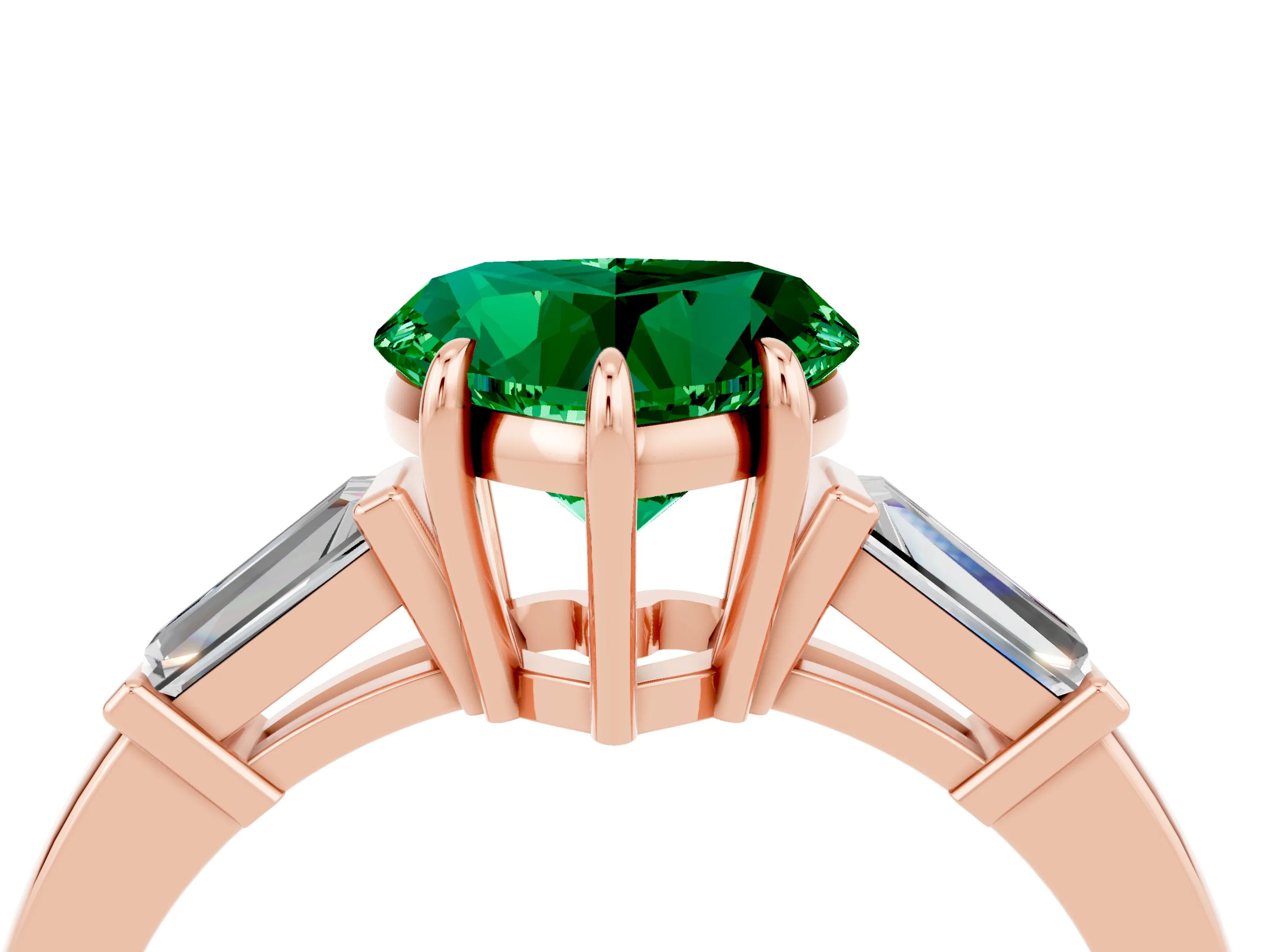 Rose gold Heart Cut Cut Diamond Ring with Tapered Baguette Side Stones in Four-Prong Setting_4
