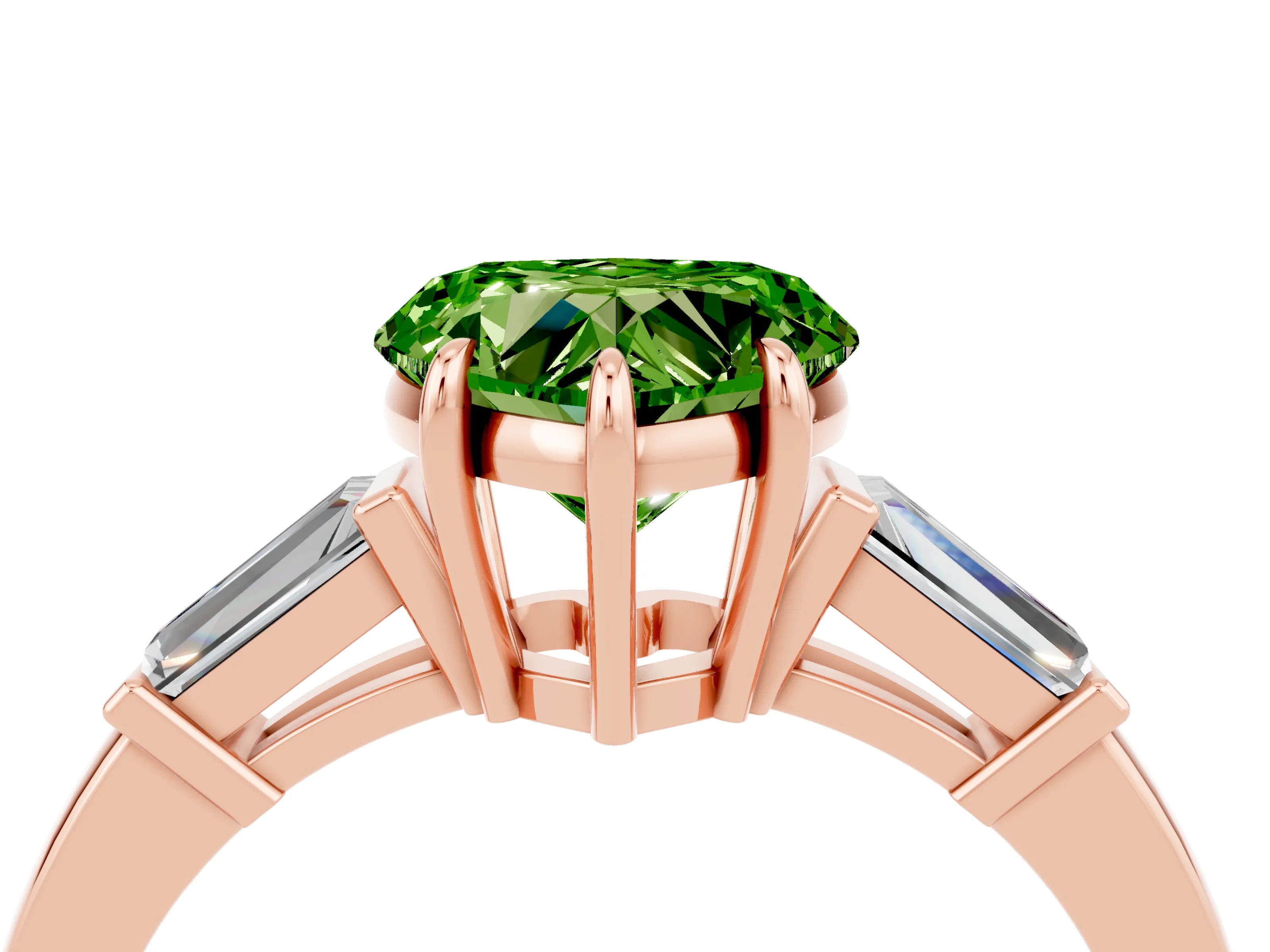 Rose gold Heart Cut Cut Diamond Ring with Tapered Baguette Side Stones in Four-Prong Setting_4