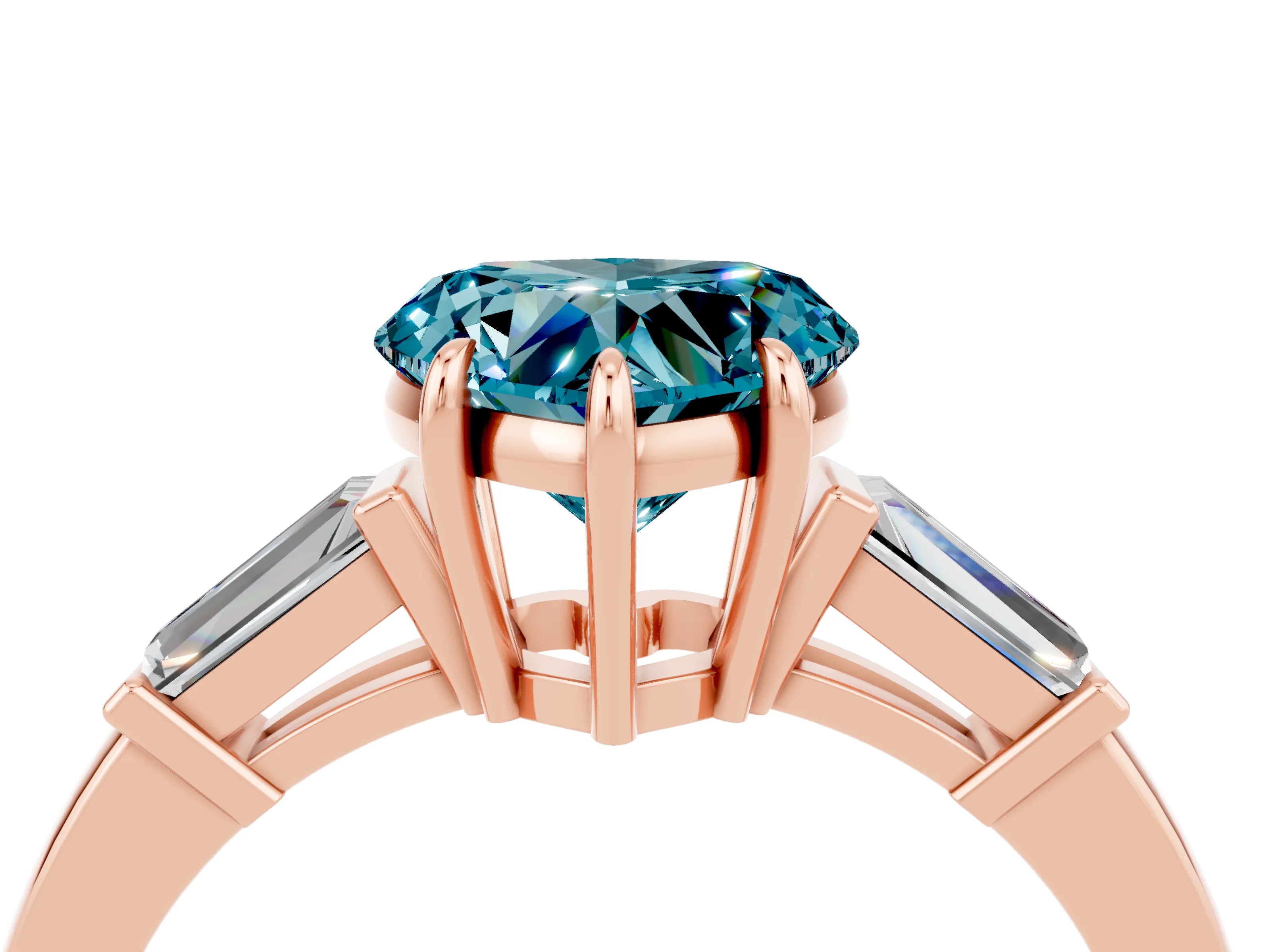 Rose gold Heart Cut Cut Diamond Ring with Tapered Baguette Side Stones in Four-Prong Setting_4