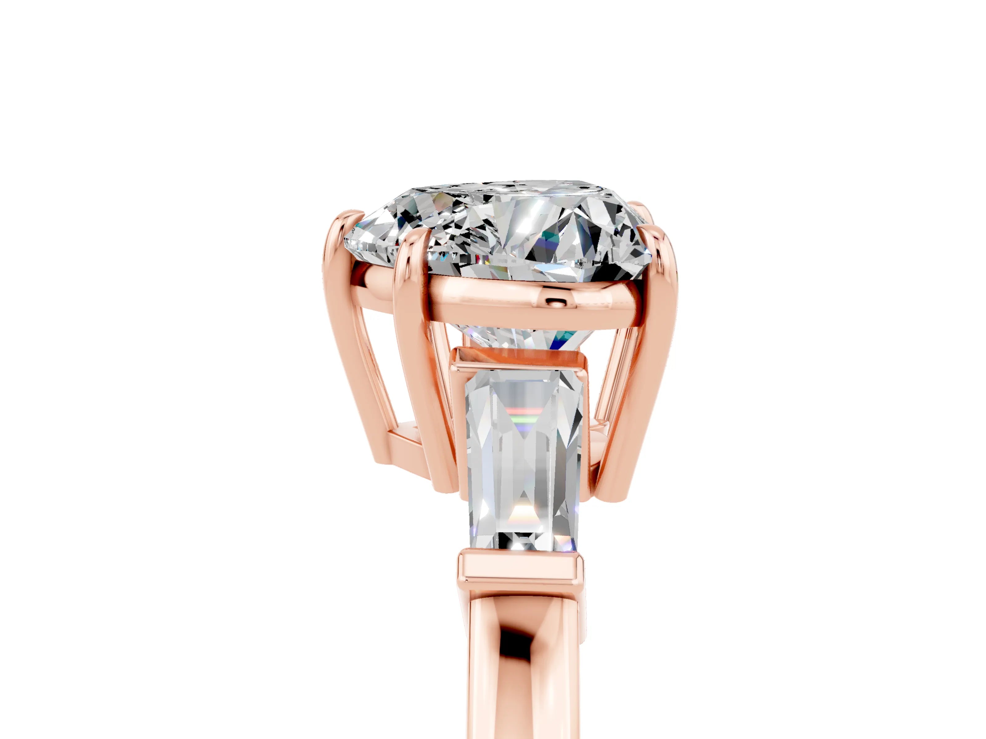 Rose gold Heart Cut Cut Diamond Ring with Tapered Baguette Side Stones in Four-Prong Setting_5