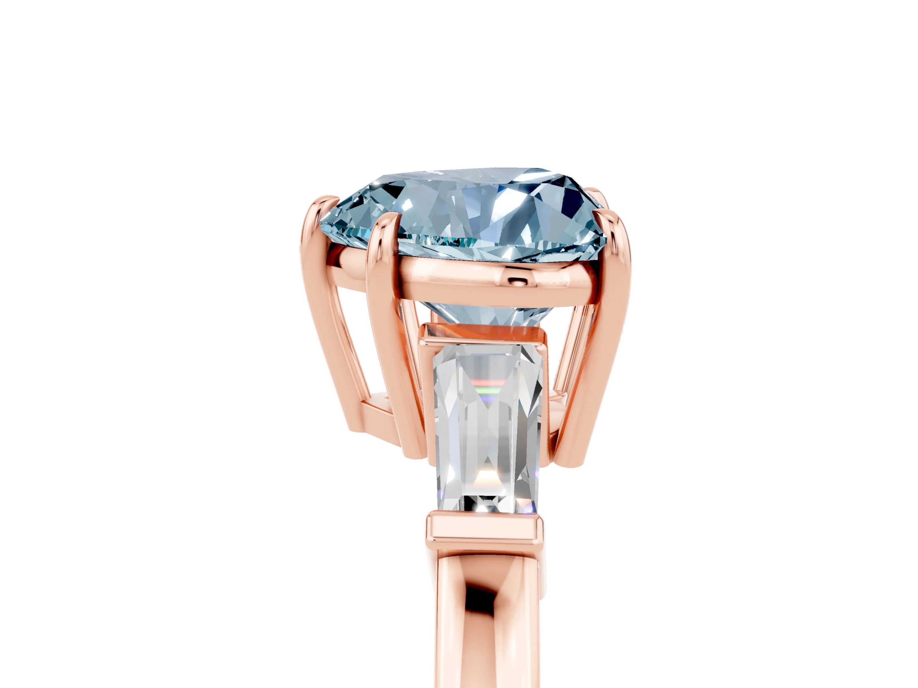 Rose gold Heart Cut Cut Diamond Ring with Tapered Baguette Side Stones in Four-Prong Setting_5