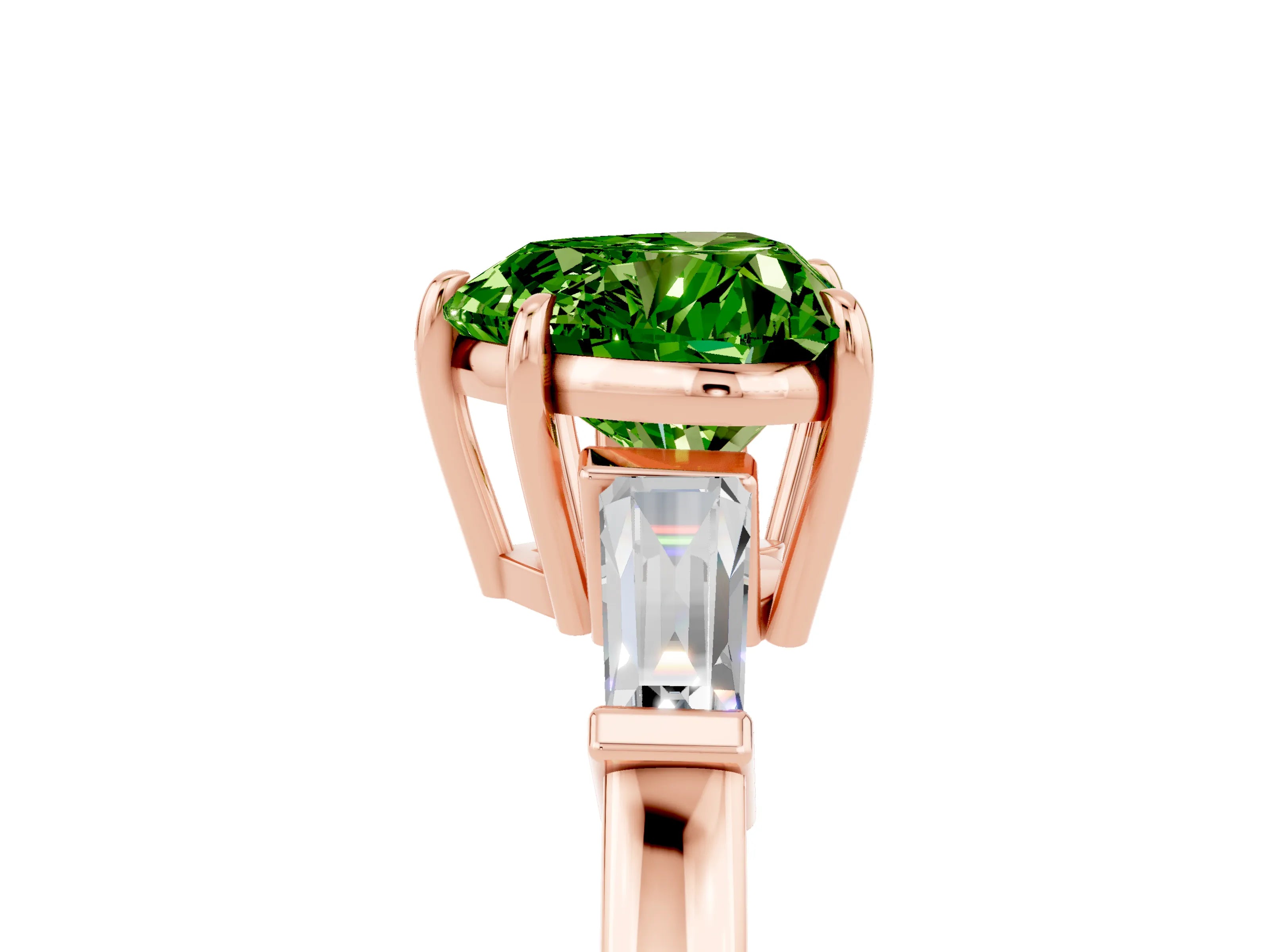 Rose gold Heart Cut Cut Diamond Ring with Tapered Baguette Side Stones in Four-Prong Setting_5