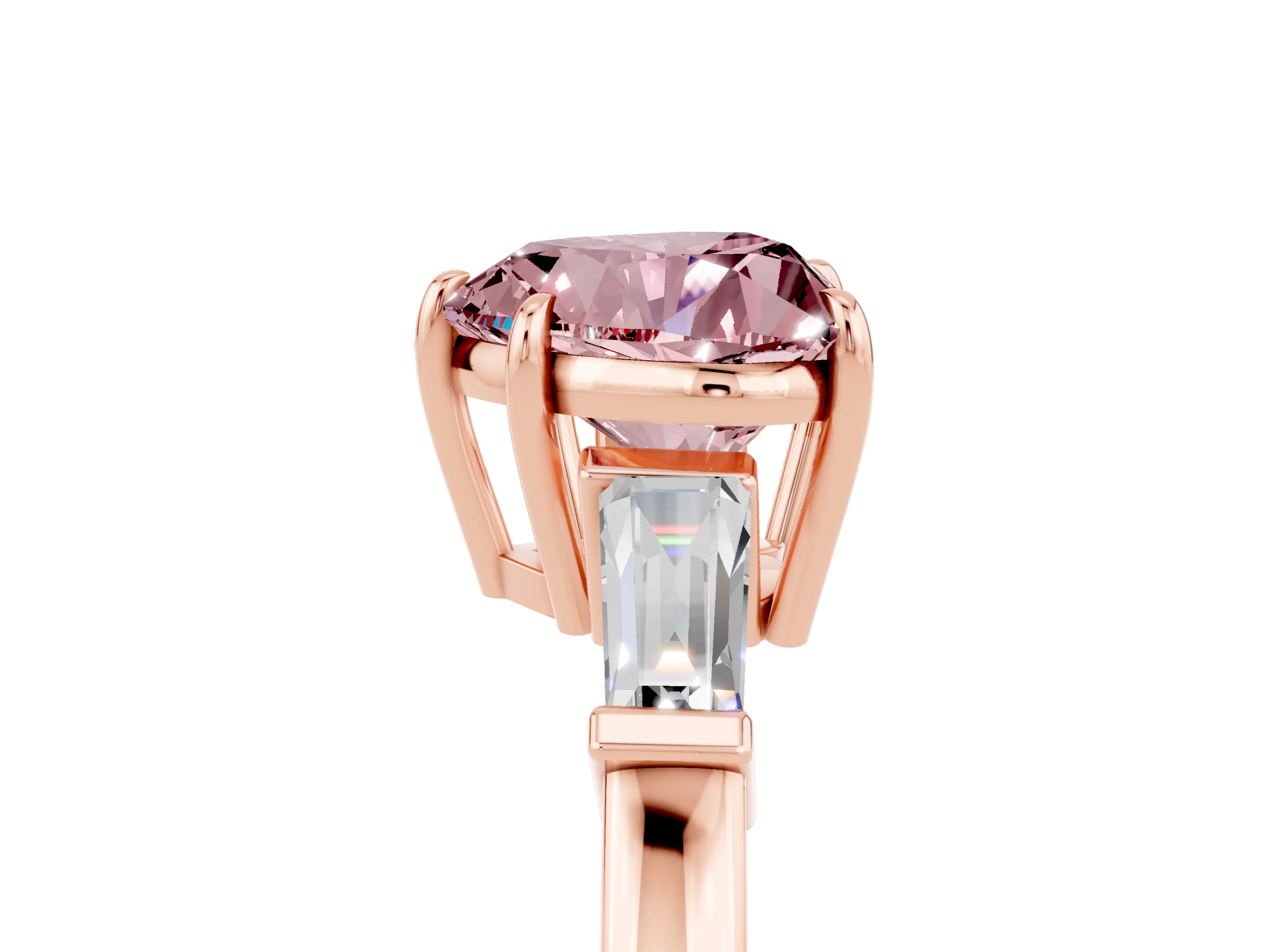 Rose gold Heart Cut Cut Diamond Ring with Tapered Baguette Side Stones in Four-Prong Setting_5