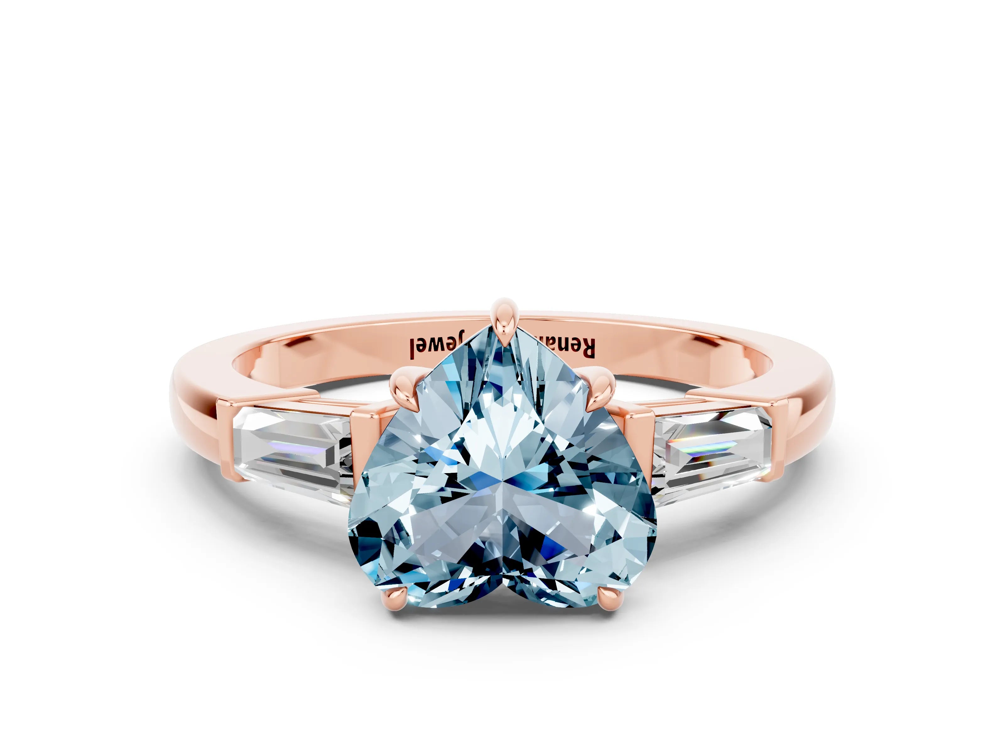Rose gold Heart Cut Cut Diamond Ring with Tapered Baguette Side Stones in Four-Prong Setting