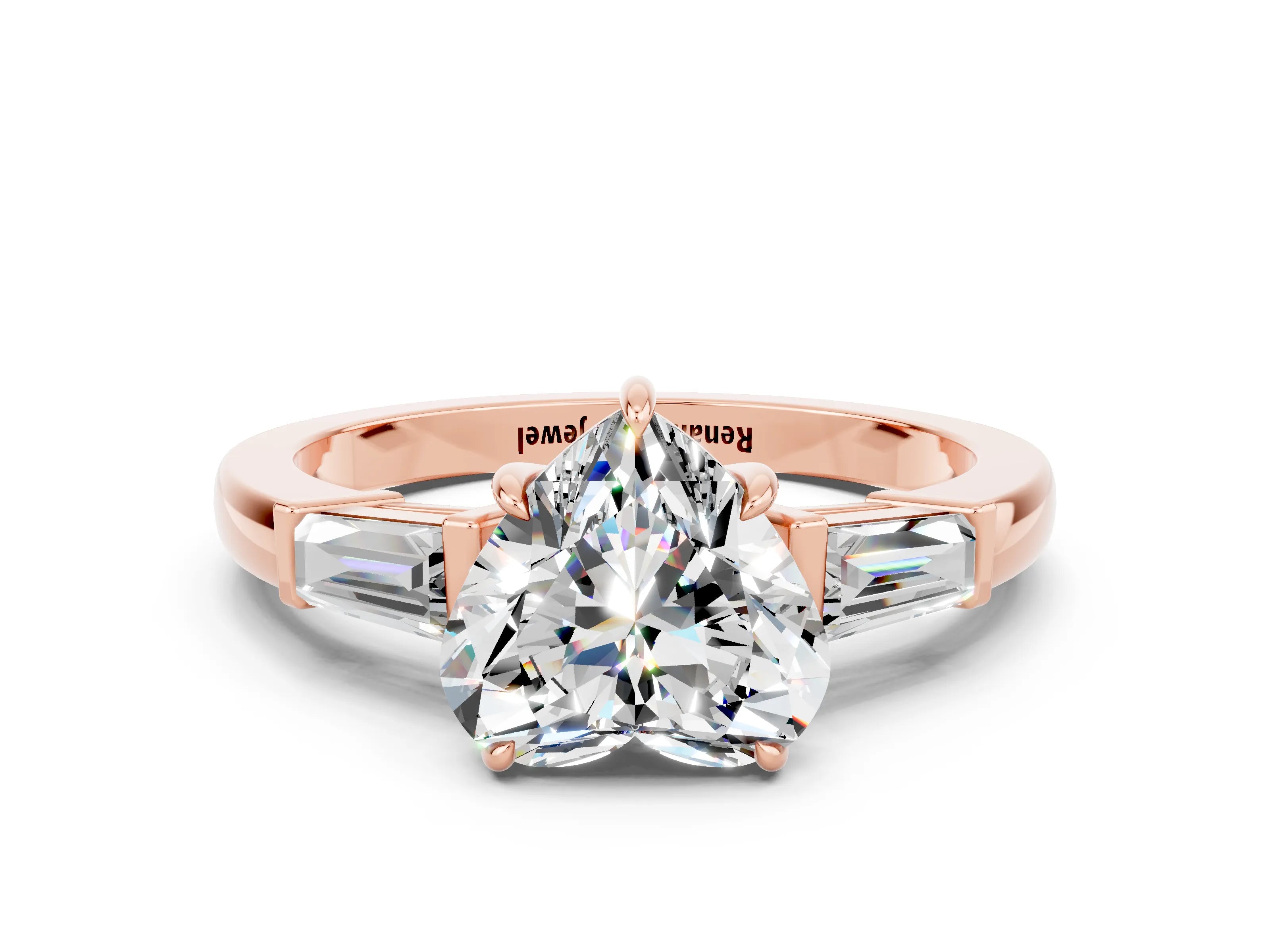 Rose gold Heart Cut Cut Diamond Ring with Tapered Baguette Side Stones in Four-Prong Setting