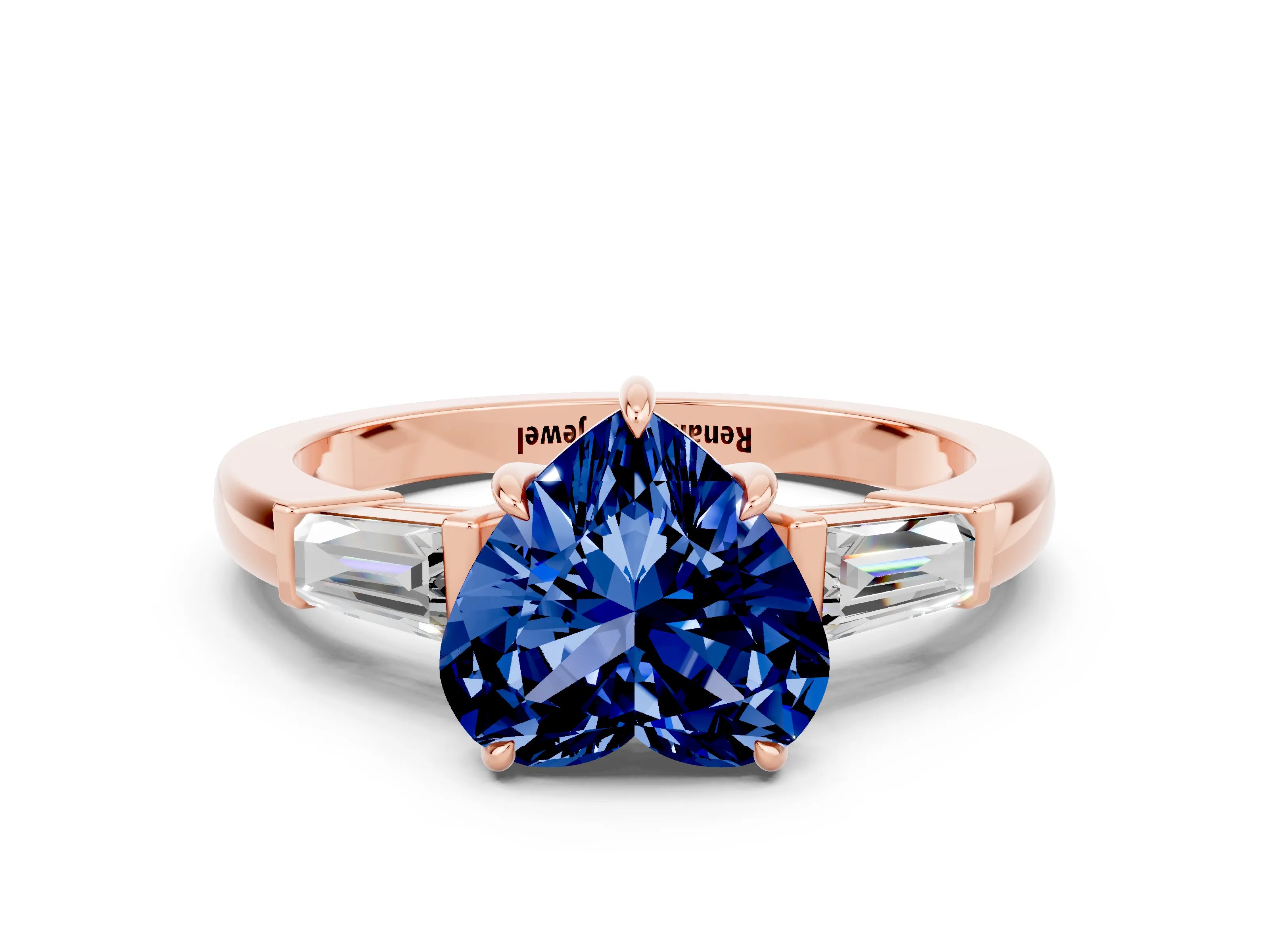 Rose gold Heart Cut Cut Diamond Ring with Tapered Baguette Side Stones in Four-Prong Setting
