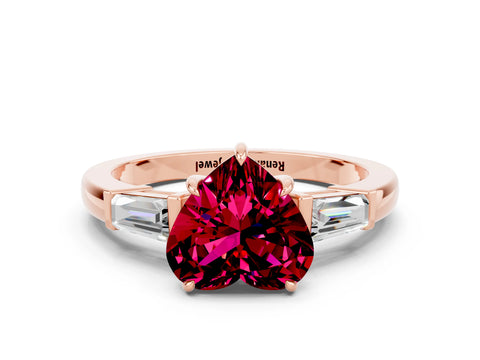 Rose gold Heart Cut Cut Diamond Ring with Tapered Baguette Side Stones in Four-Prong Setting