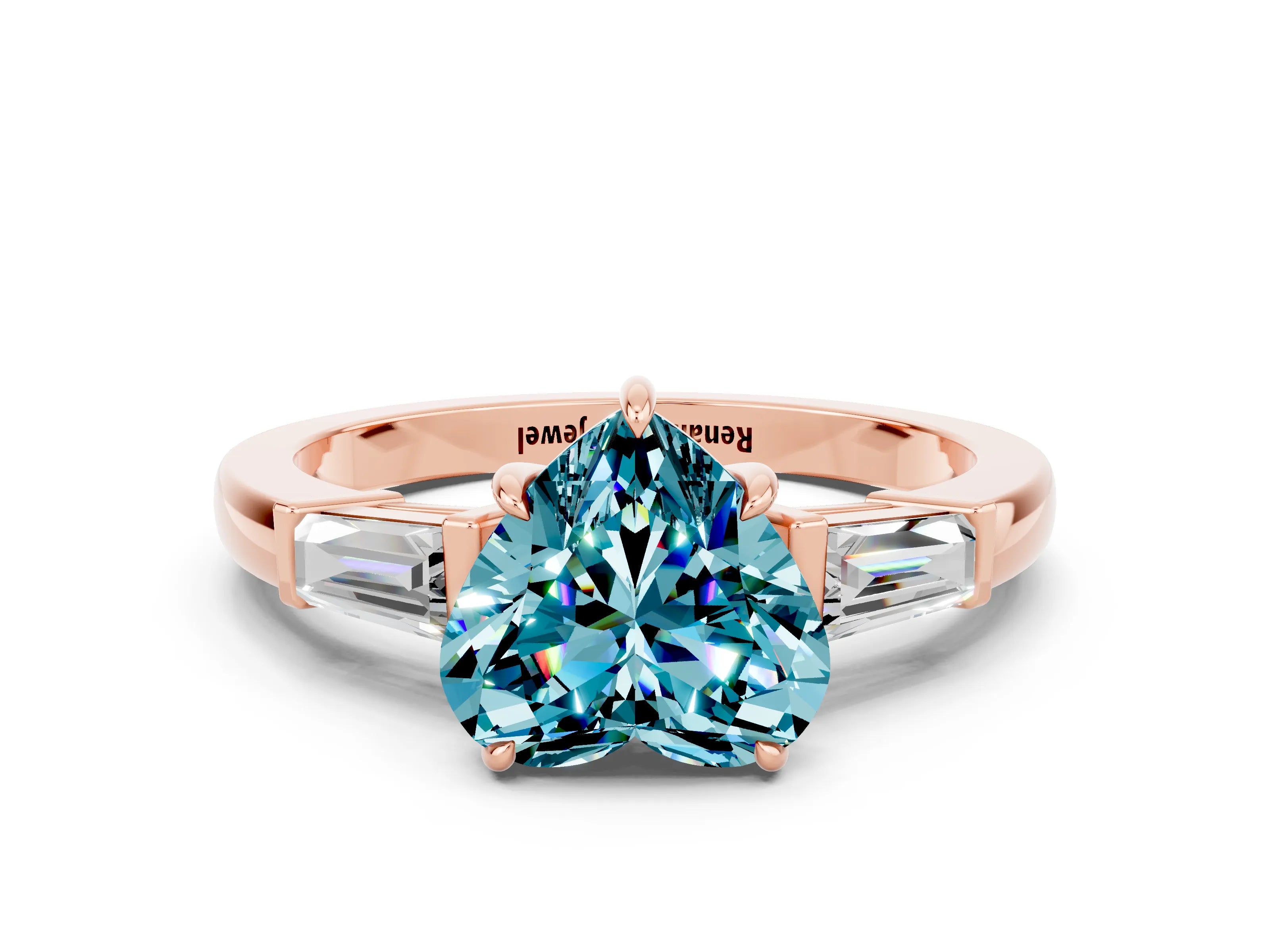 Rose gold Heart Cut Cut Diamond Ring with Tapered Baguette Side Stones in Four-Prong Setting