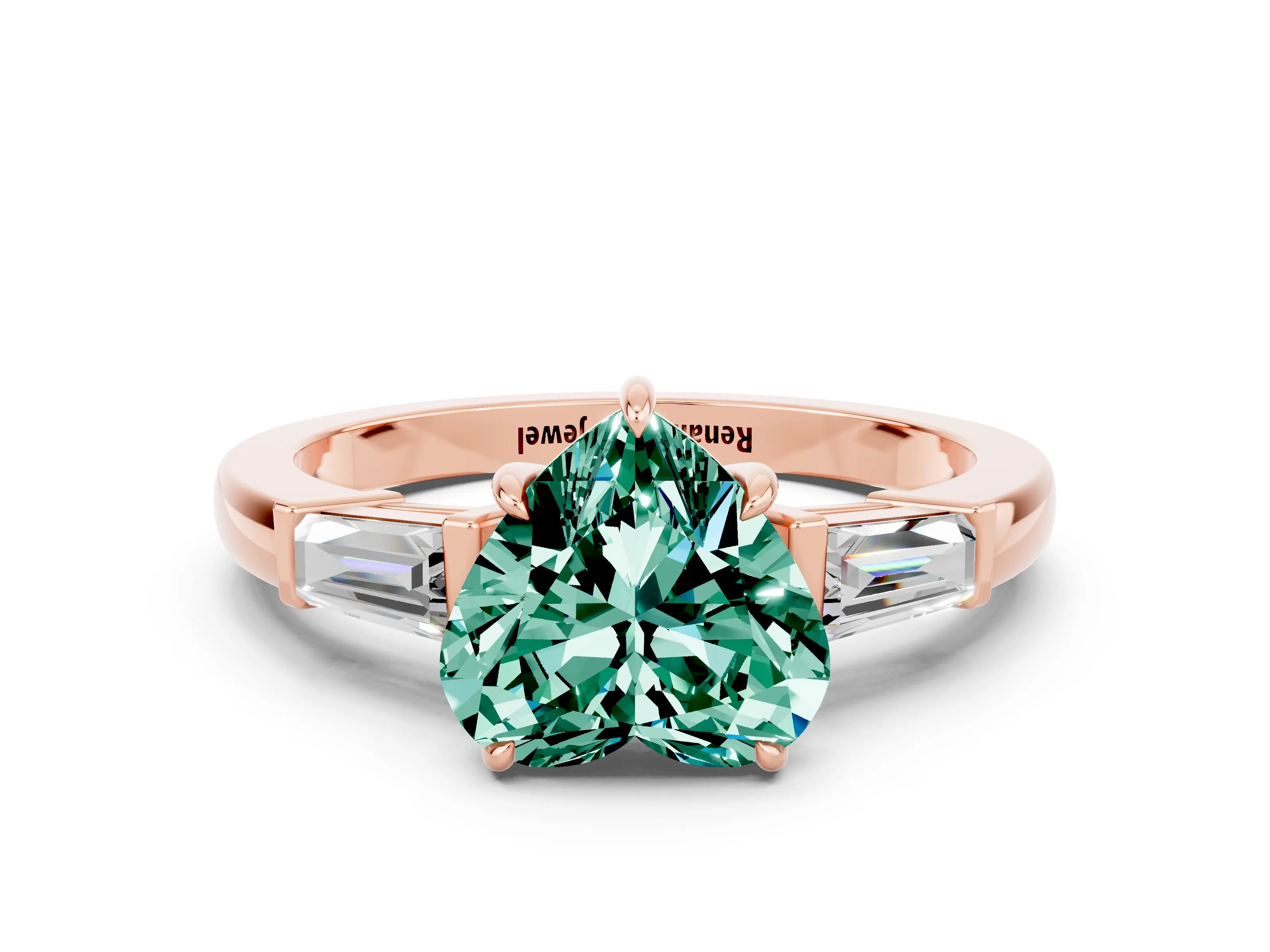 Rose gold Heart Cut Cut Diamond Ring with Tapered Baguette Side Stones in Four-Prong Setting