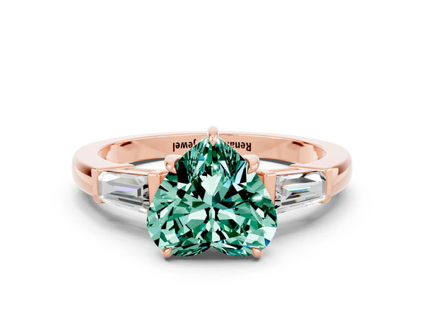 Rose gold Heart Cut Green Sapphire Three-Stone Ring with Tapered Baguette Side Stones and Prong Setting