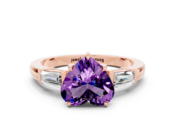 Rose gold Heart Cut Amethyst Three-Stone Ring with Tapered Baguette Side Stones and Prong Setting