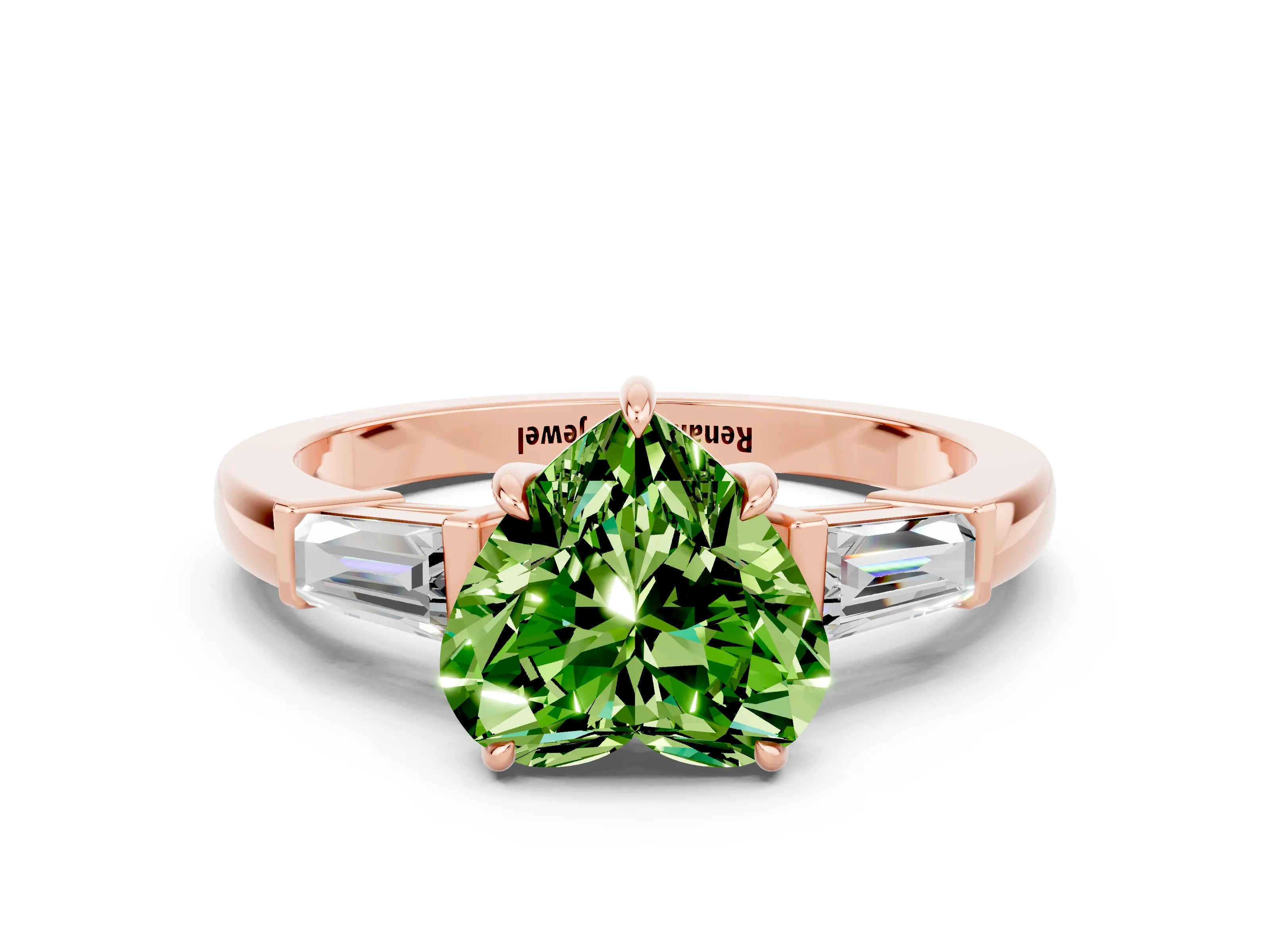 Rose gold Heart Cut Cut Diamond Ring with Tapered Baguette Side Stones in Four-Prong Setting