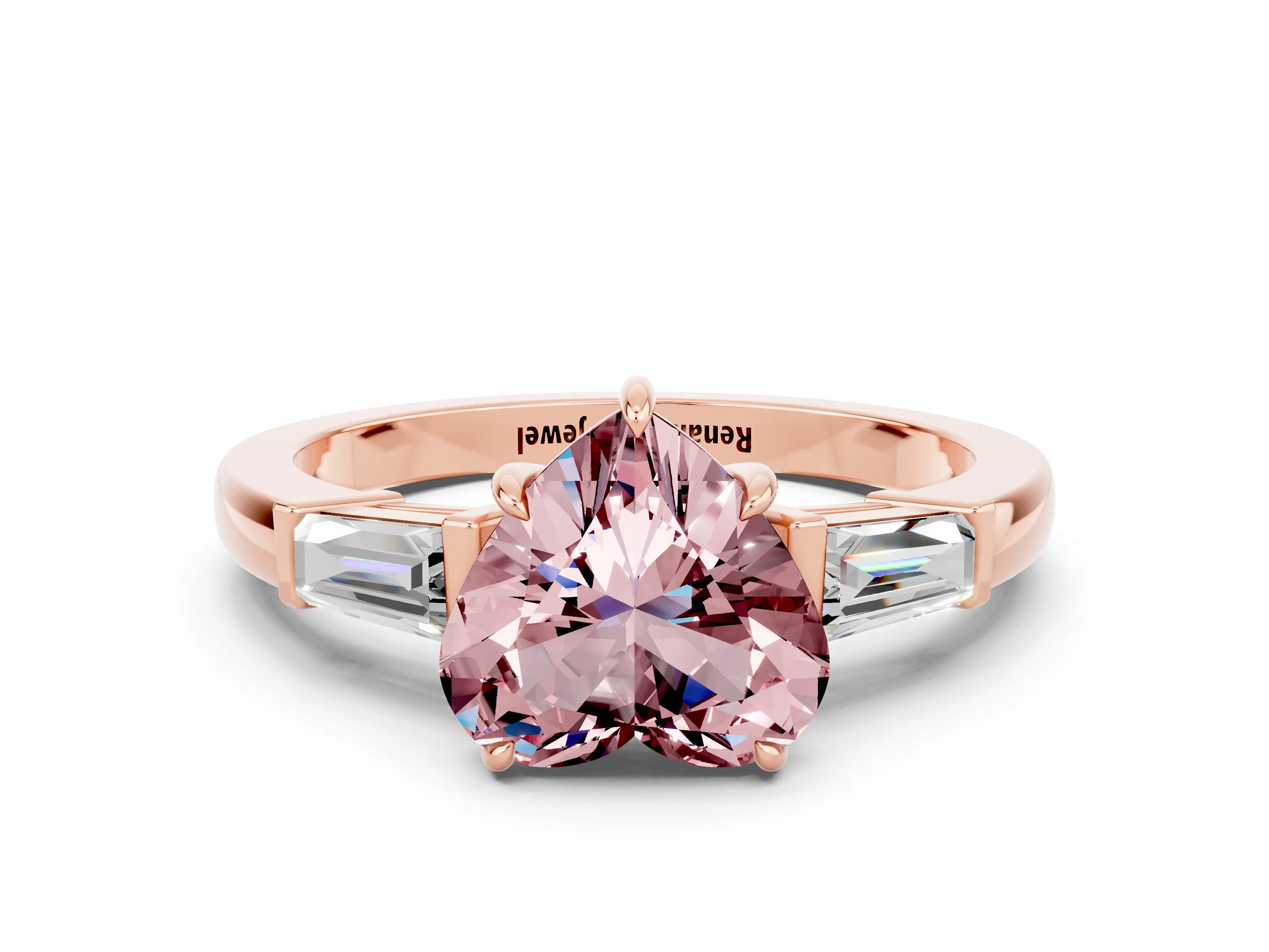 Rose gold Heart Cut Cut Diamond Ring with Tapered Baguette Side Stones in Four-Prong Setting