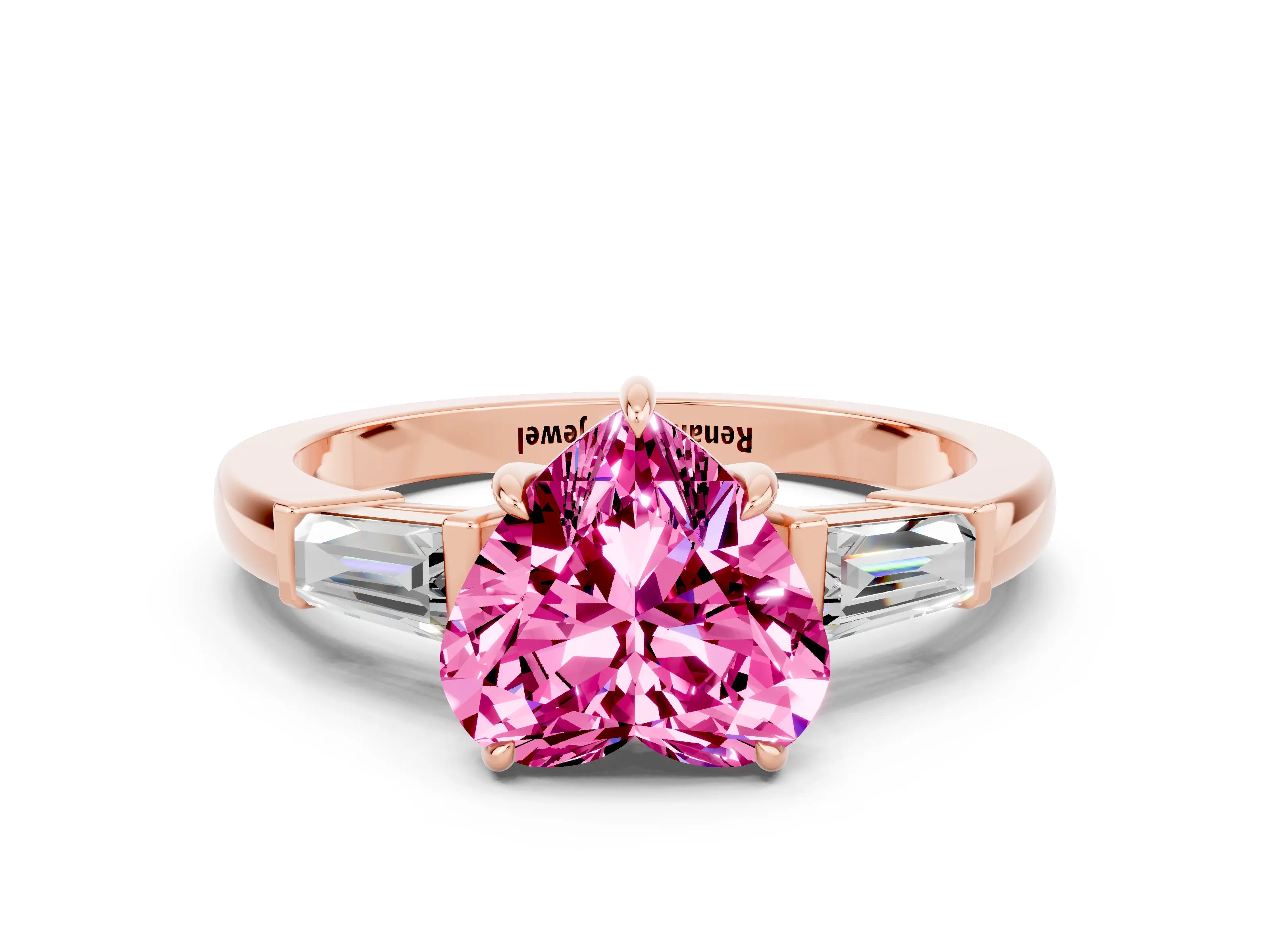 Rose gold Heart Cut Cut Diamond Ring with Tapered Baguette Side Stones in Four-Prong Setting