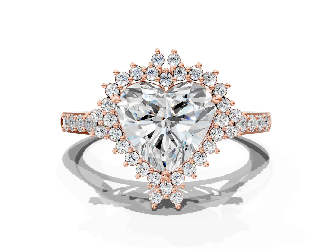 Rose gold Heart Cut Cut Diamond Sunburst Halo Engagement Ring with Pavé Band_3