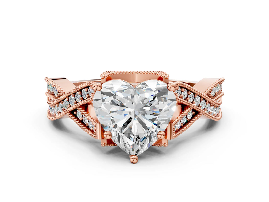 Rose gold Heart Cut Cut Diamond Twisted Band with Milgrain Pave Setting and Four-Prong Setting_2