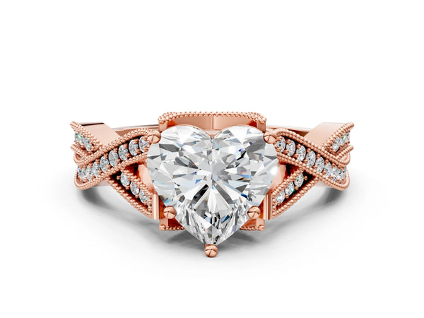 Rose gold Heart Cut Cut Diamond Twisted Band with Milgrain Pave Setting and Four-Prong Setting
