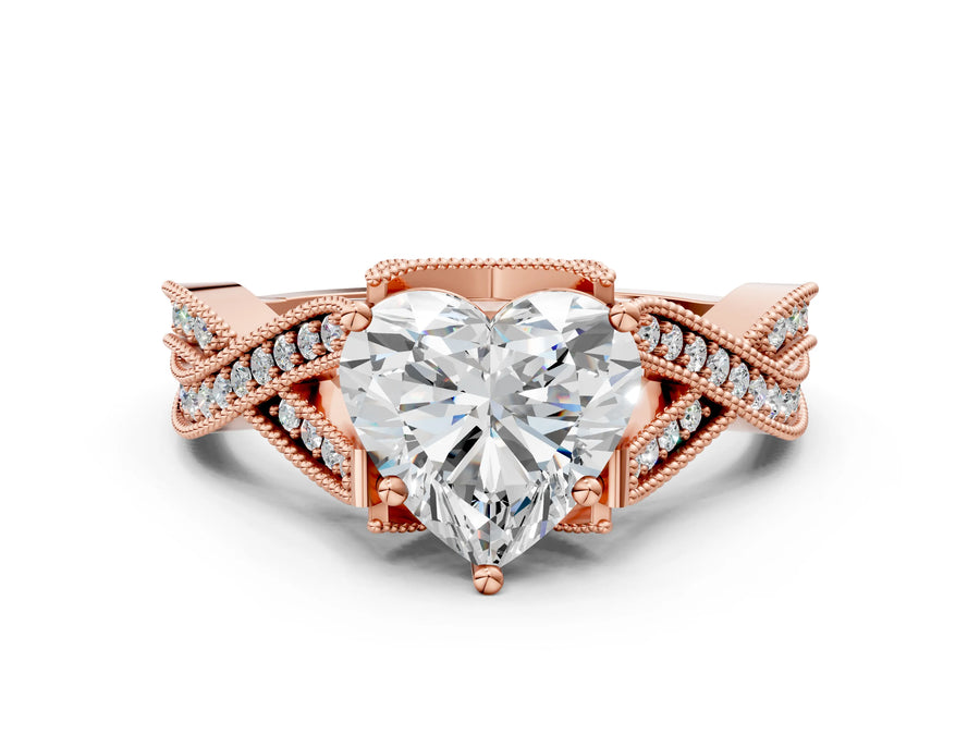 Rose gold Heart Cut Cut Diamond Twisted Band with Milgrain Pave Setting and Four-Prong Setting