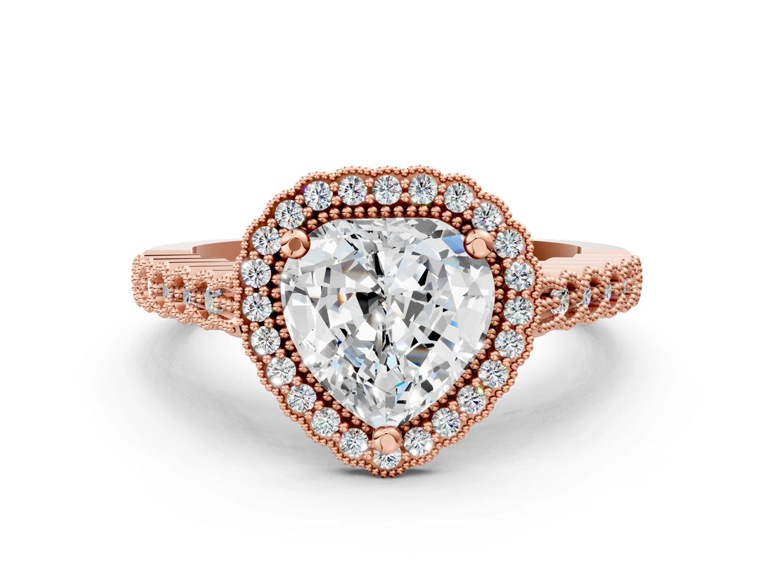 Rose gold Heart Cut Cut Halo Pavé Solitaire Ring with Milgrain Band_3