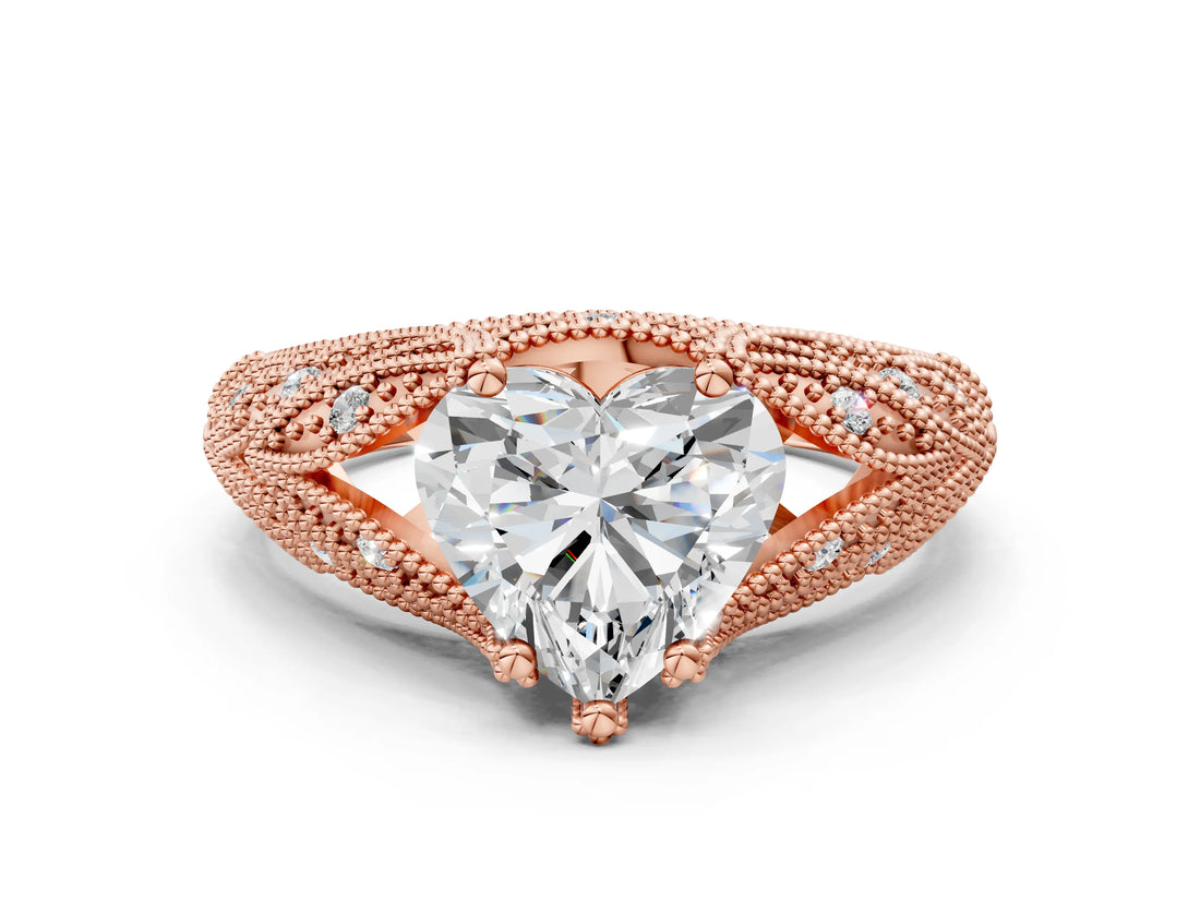 Rose gold Heart Cut Cut Milgrain Pave Diamond Engagement Ring with Four-Prong Setting_3