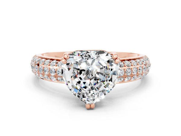 Rose gold Heart Cut Moissanite Solitaire Ring with Multi-Row Round Pavé Band and Prong Setting
