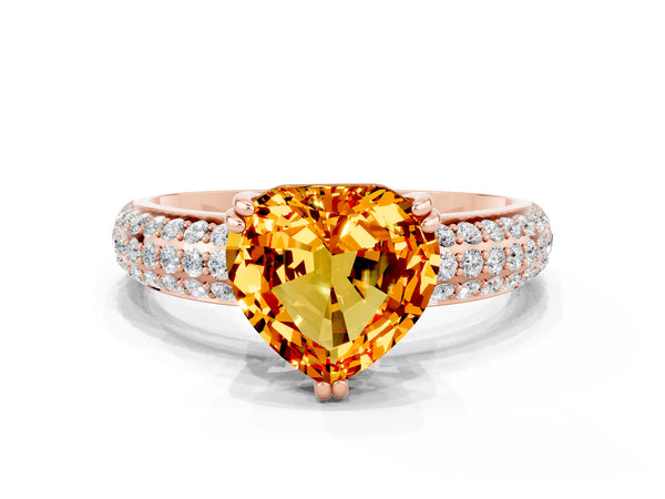 Rose gold Heart Cut Citrine Solitaire Ring with Multi-Row Round Pavé Band and Prong Setting