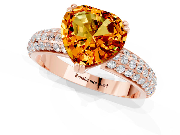 Rose gold Heart Cut Citrine Solitaire Ring with Multi-Row Round Pavé Band and Prong Setting