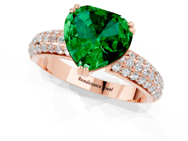 Rose gold Heart Cut Emerald Solitaire Ring with Multi-Row Round Pavé Band and Prong Setting