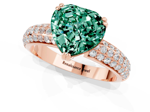 Rose gold Heart Cut Green Sapphire Solitaire Ring with Multi-Row Round Pavé Band and Prong Setting
