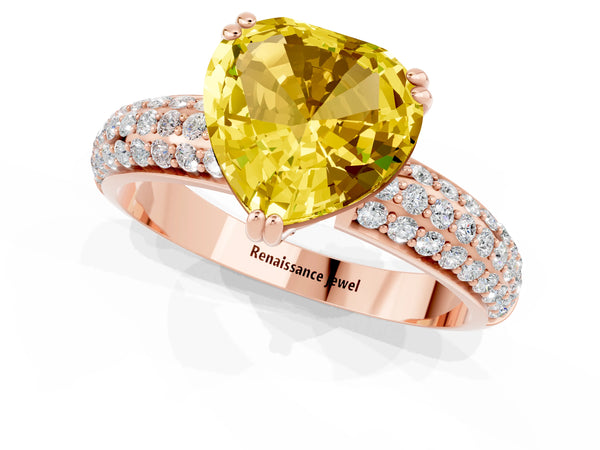 Rose gold Heart Cut Yellow Sapphire Solitaire Ring with Multi-Row Round Pavé Band and Prong Setting