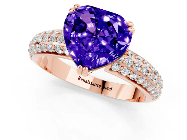 Rose gold Heart Cut Tanzanite Solitaire Ring with Multi-Row Round Pavé Band and Prong Setting