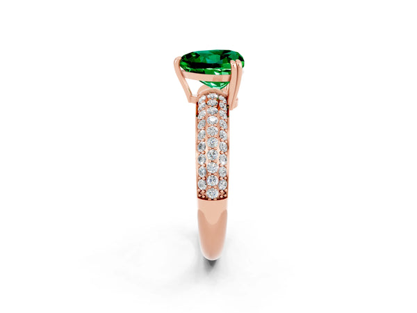 Rose gold Heart Cut Emerald Solitaire Ring with Multi-Row Round Pavé Band and Prong Setting
