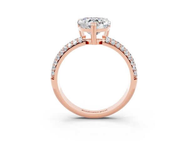 Rose gold Heart Cut Moissanite Solitaire Ring with Multi-Row Round Pavé Band and Prong Setting