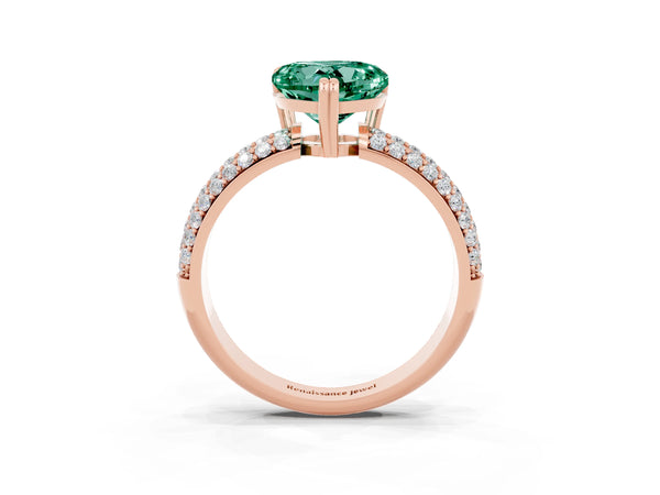 Rose gold Heart Cut Green Sapphire Solitaire Ring with Multi-Row Round Pavé Band and Prong Setting