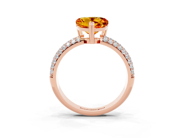 Rose gold Heart Cut Citrine Solitaire Ring with Multi-Row Round Pavé Band and Prong Setting