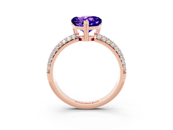Rose gold Heart Cut Tanzanite Solitaire Ring with Multi-Row Round Pavé Band and Prong Setting